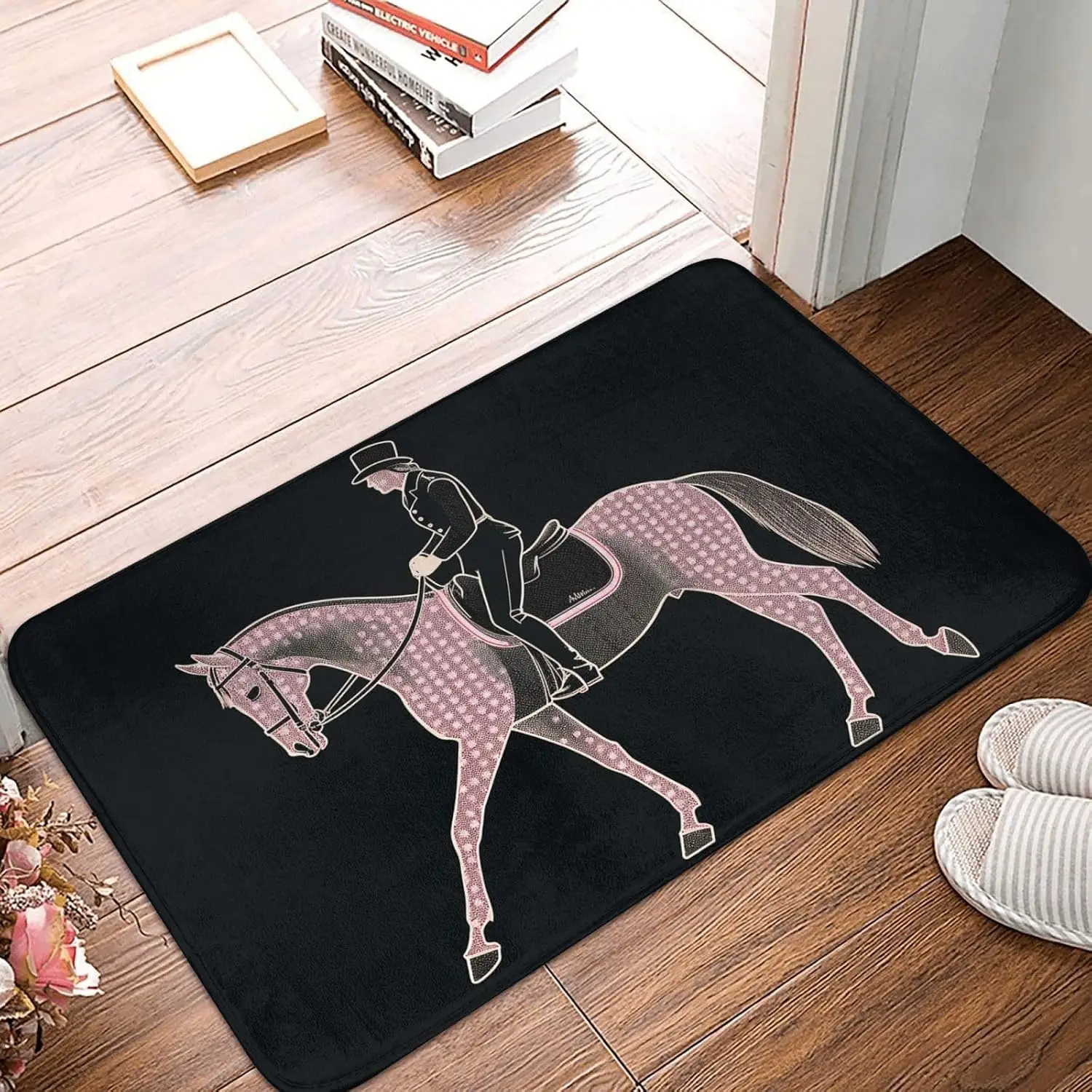 Pink Polka Dot Horse Rider Door Mat, Equestrian Dressage Floor Mat, Non-slip Entrance Rug, Cute Animal Home Decor for Bedroom