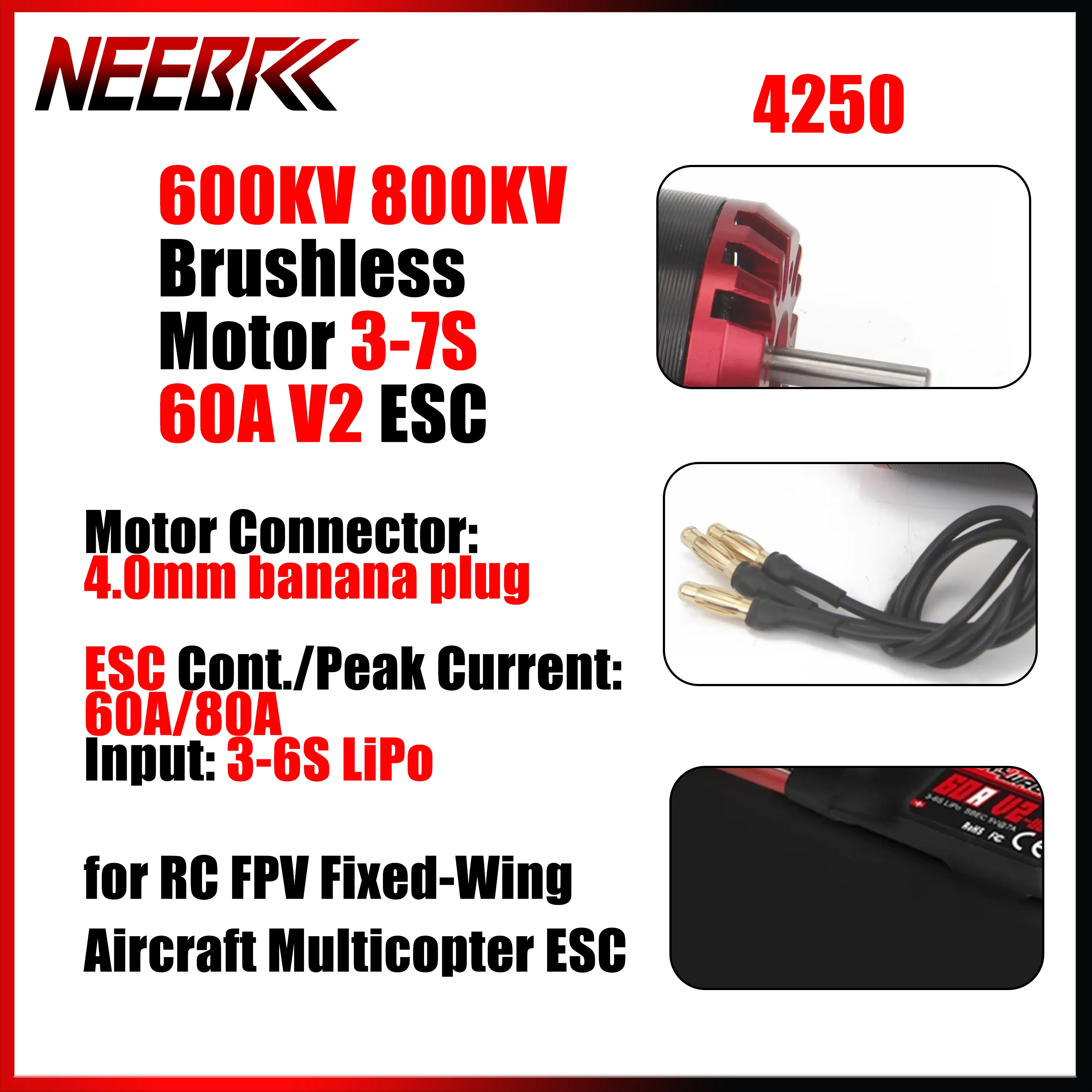 4250 600KV 800KV Racing Drone Brushless Motor 3-7S w 60A V2 ESC Speed Controller for RC FPV Fixed-Wing Aircraft Multicopter Part