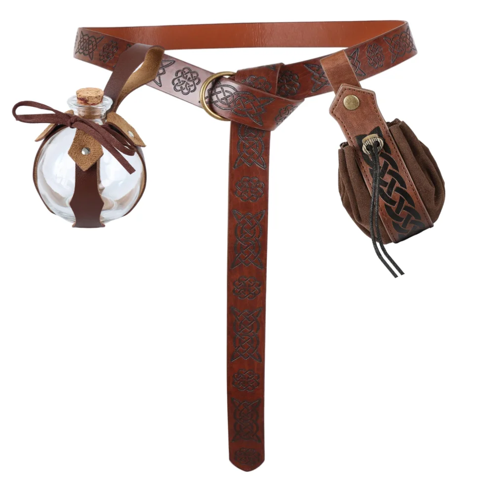 Medieval Belt Elf Leaf Leather Case With Glass Magic Bottle Halloween Decoration Accessories Embossed Retro Leather Belt Set