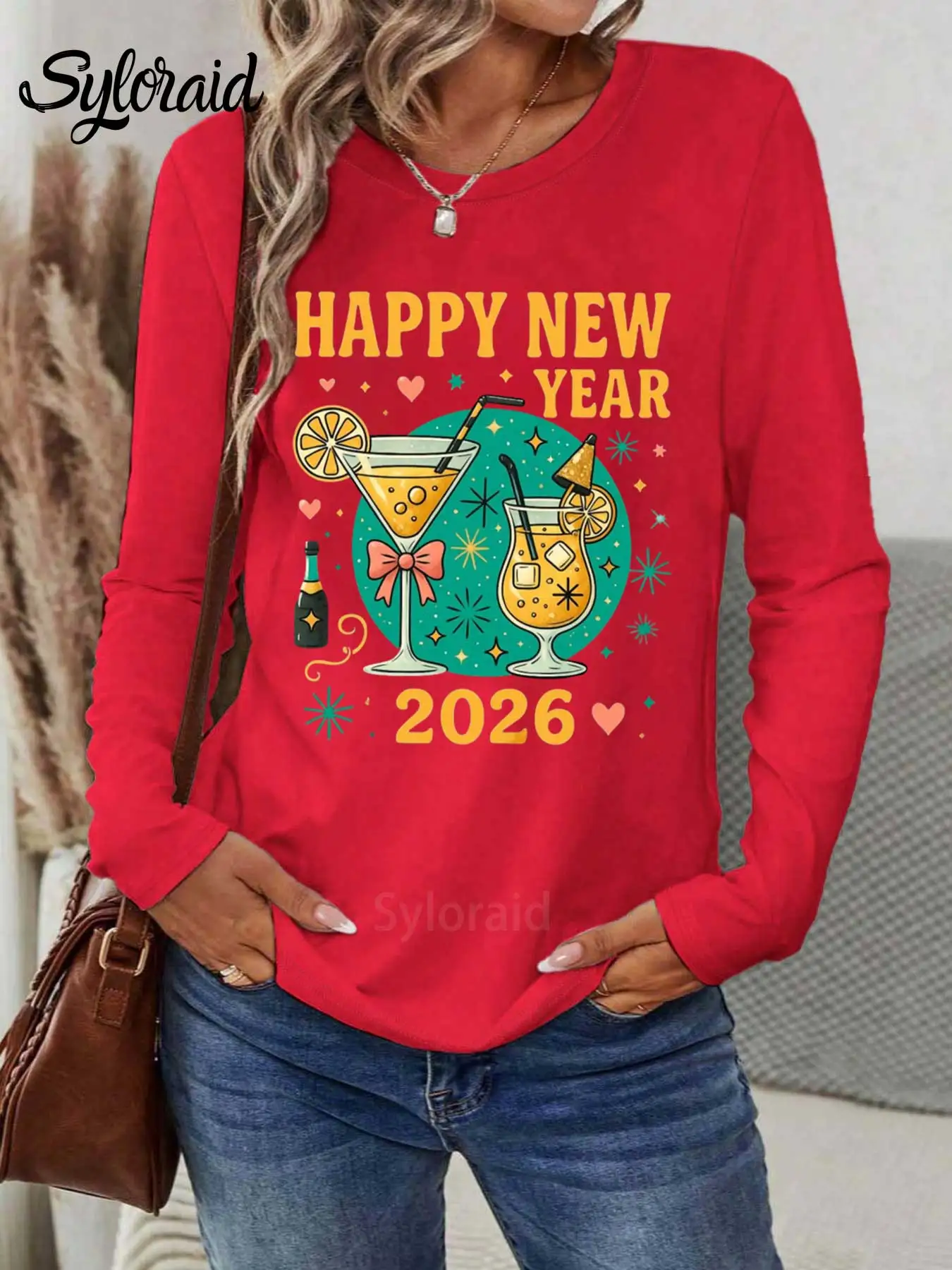 여성용 긴 소매 티셔츠 '새해 복 많이 받으세요 2026' 불꽃놀이 프린트 티셔츠 패션 라운드 넥 캐주얼 탑