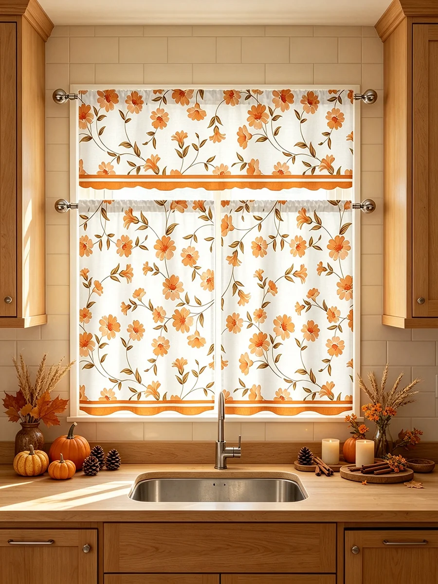 Kitchen Curtain Set, Orange Floral Vine Fall Print, Polyester Window Drapes for Kitchen Cafe Farmhouse Rustic Home Decor