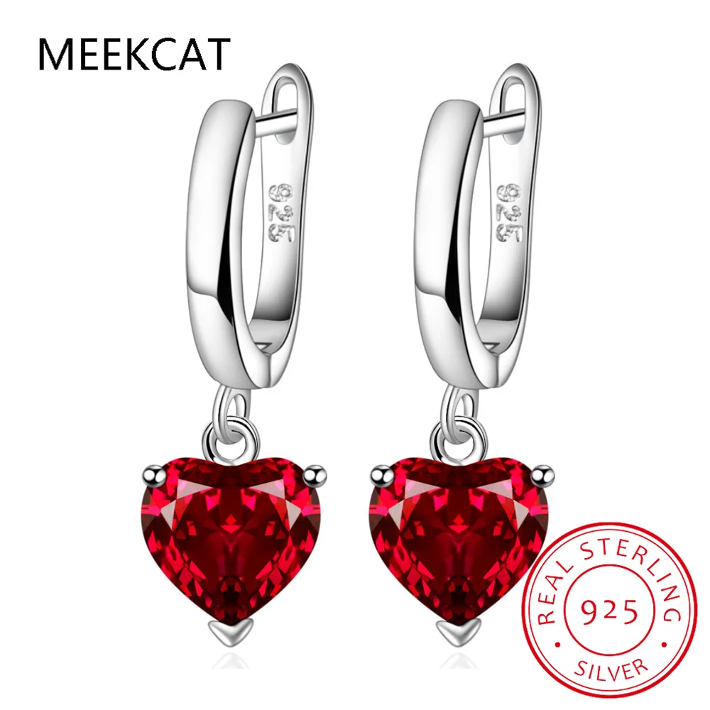 Natural Red Garnet Created Ruby 925 Sterling Silver Romantic Heart Drop Earring for Woman Gemstone Fine Jewelry Brincos de Prata