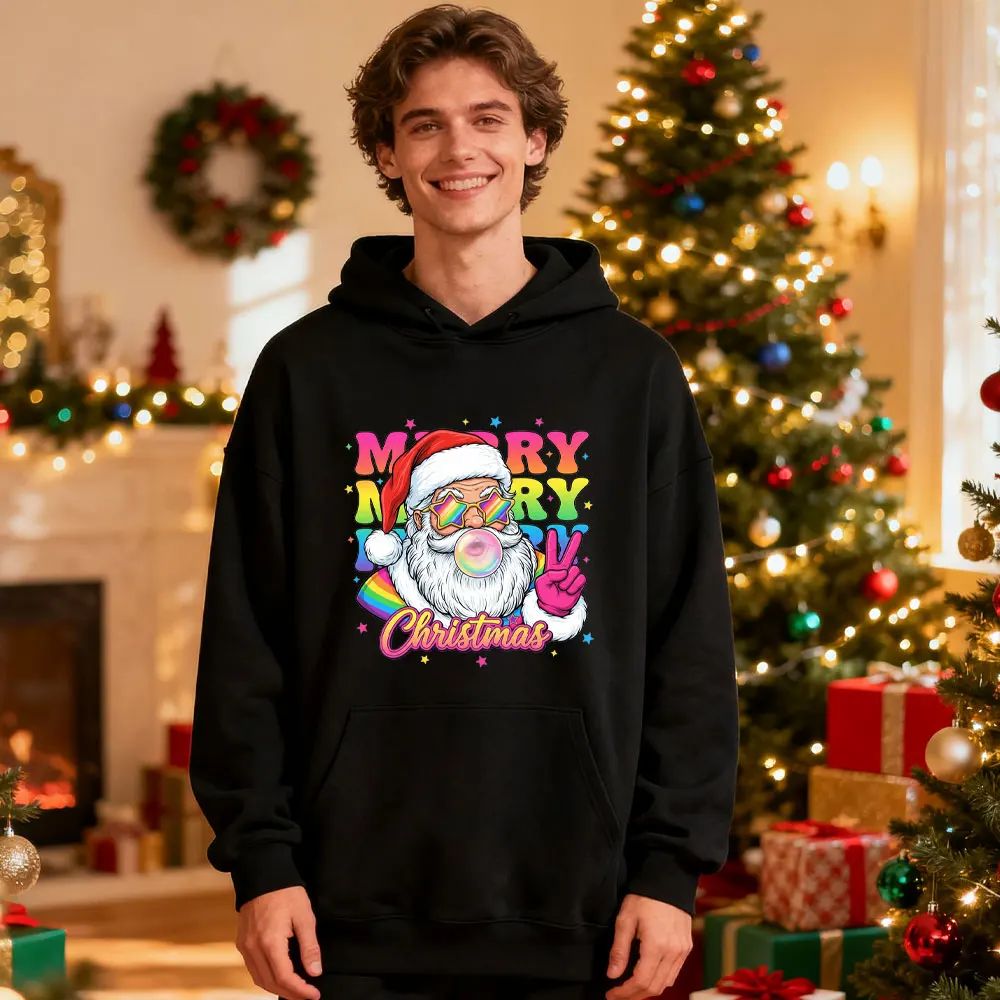 

2025 Christmas Male Hoodies Holiday Santa Christmas Gift Sweatshirt Christmas Happy Retro Long-Sleeved Men's Women's Hoodie
