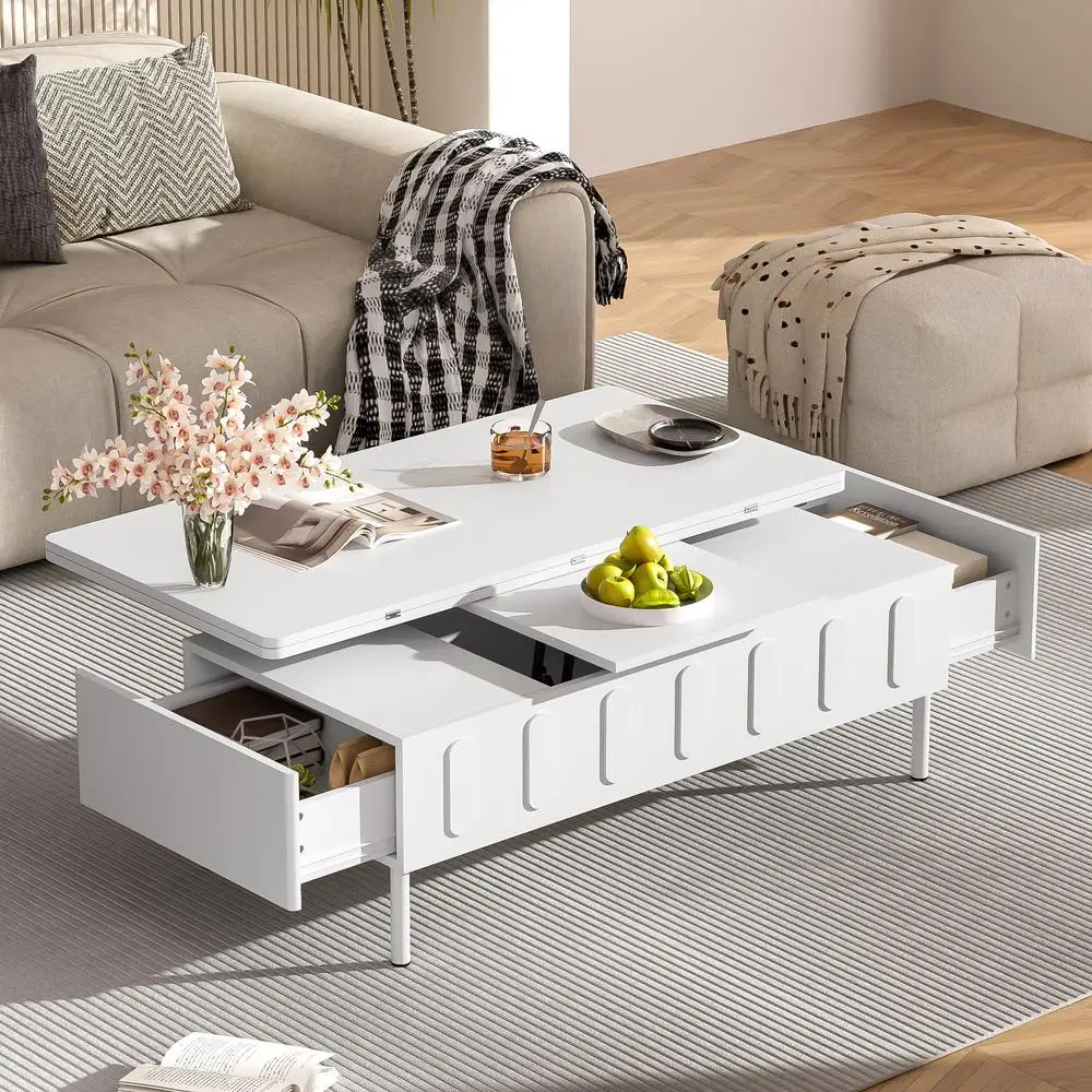Mesa de centro con tapa elevable en U, 2 cajones, mesa central moderna que ahorra espacio, tapa plegable, almacenamiento oculto ajustable para sala de estar