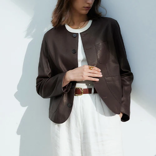 Imagen 2 del producto Ropa de otoño para mujer, chaqueta europea de piel de oveja de alta calidad, informal, con cuello redondo, de un solo pecho, color café, Litchi Stria, chaqueta de cuero genuino