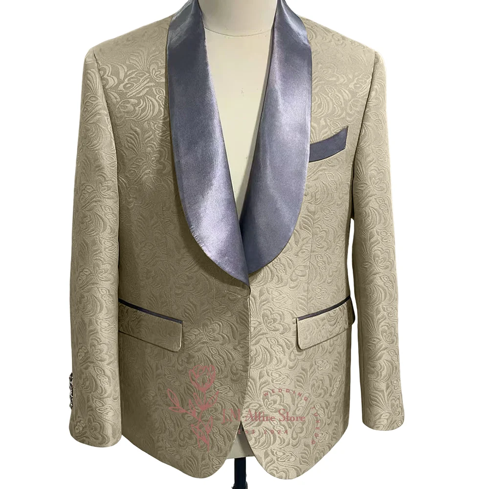 Premium Men's Suit in Grey Jacquard Shawl Lapel Blazer for Wedding Groom Easter Xmas Party Homme Birthday Gift Custom Tuxedo