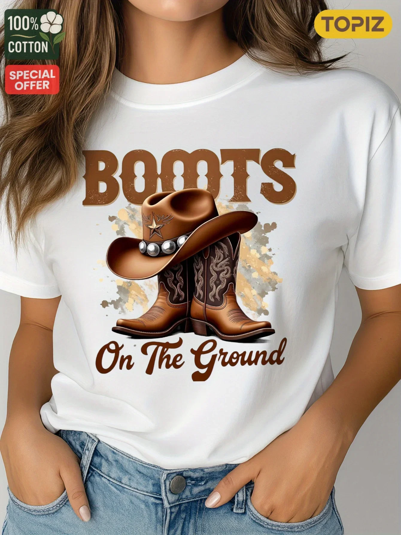 تي شيرت نسائي، قميص كاجوال بأكمام قصيرة ورقبة دائرية، تي شيرت برسومات، تصميم على الأرض، قطن 100%