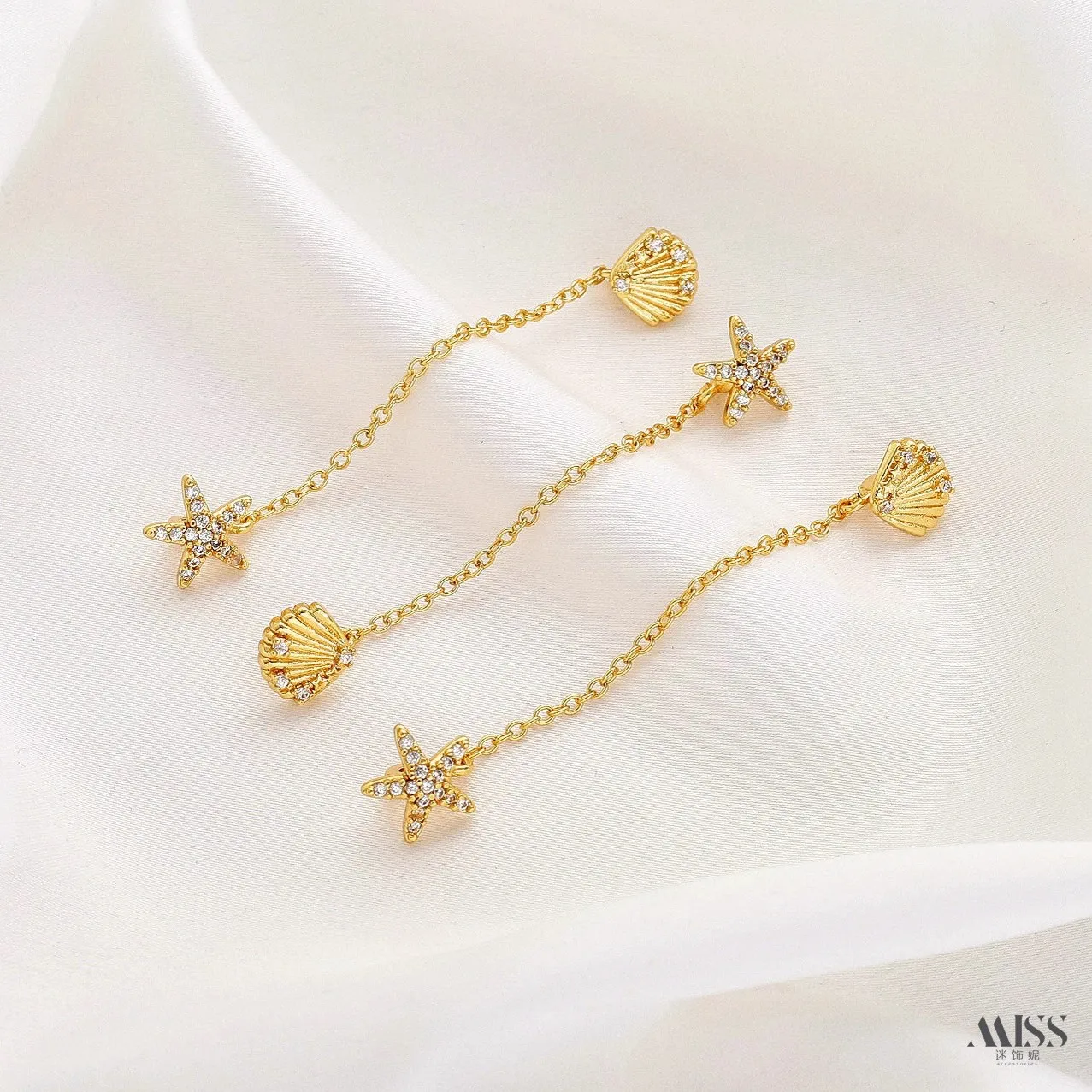 18K Gold Plated Starfish Shell Pendant, Thick Silver Tone High Zircon Inlaid Safety Chain, DIY Craft Jewelry Making Accessories