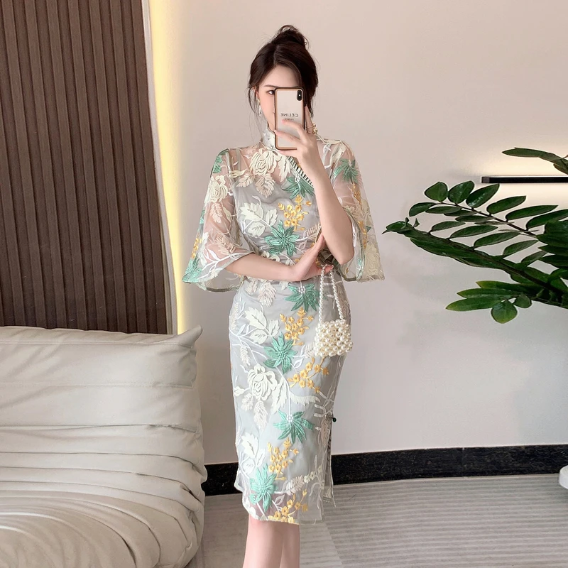 

Luxury High Quality Women Summer Stand Collar Half Sleeve Emboiery Printed Organza Vintage Fashion Party Holiday Dress