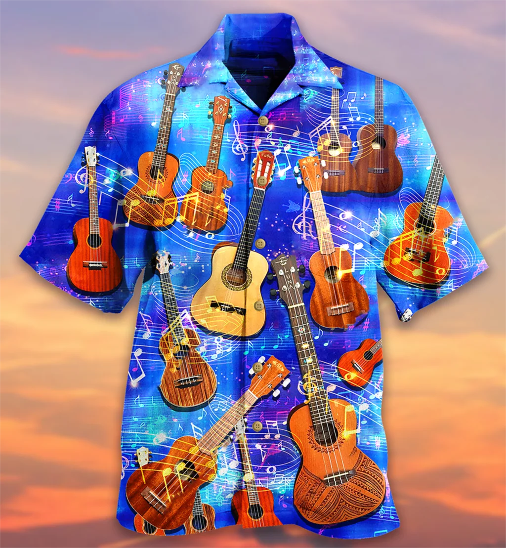 New Hawaiian Shirts Blue Top Guitars Print for Men Cool Creative 3D Print Shirt Beach Short Sleeve Oversize Top Vintage