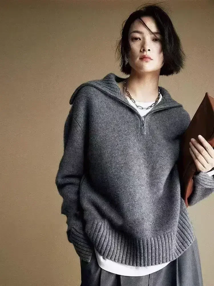 

Loose Casual Sweater Women Lapel Zipper Autumn Winter Jumpers Knitwear Soft Warm Tops Femme Comfortable Pullover Turtleneck 2025