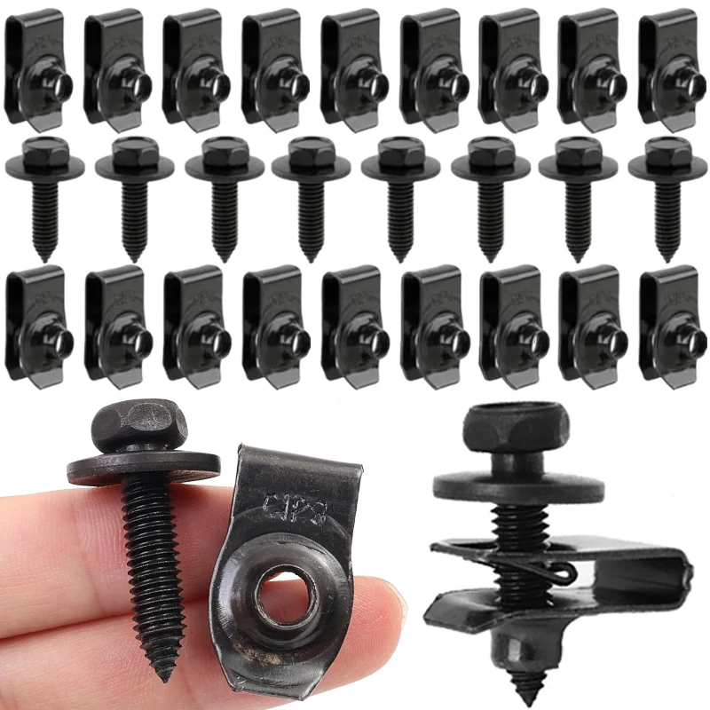 

6mm Pointed Thread Screws with U Shaped Clip Nuts Fastener Car U Type Clips M6 Bolt and Nut Set for License Plate Fender Bumper