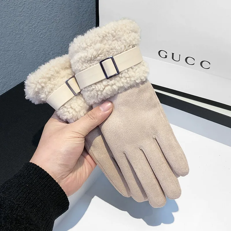 Women's Winter Fleece-Lined Thick and Warm Outdoor Riding Driving Skiing Cold-Proof Touch Screen Lamb Fur Gloves
