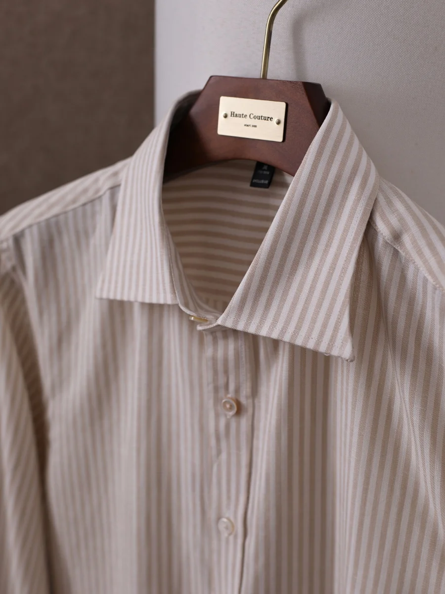 

Elegant Gentleman Linen Shirt Italian Style Casual Vacation Preppy Breathable Slim Fit Striped Shirt Lyocell Blend