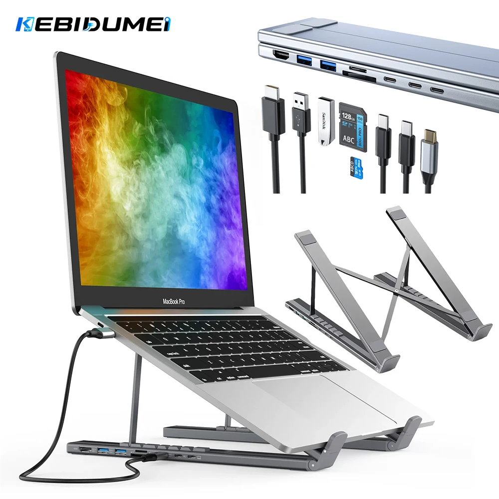 Kebidumei 8 In 1 USB C Laptop Docking Station Holder Type C HD SD TF Card Ports 100W PD Aluminium Alloy Hub For MacBook Notebook