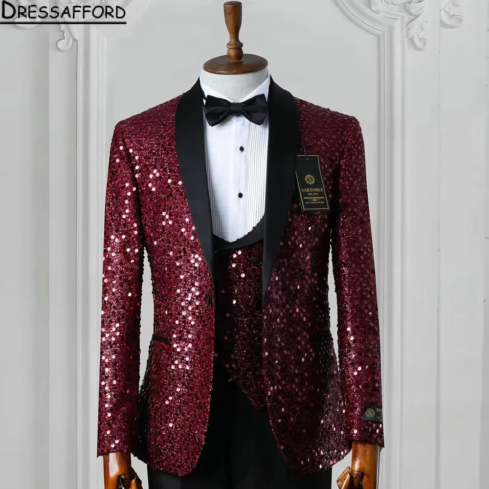 Costumes formels à paillettes rouges pour hommes, ensemble veste et pantalon, blazer d'affaires intelligent et décontracté, vêtements de marié, 3 pièces