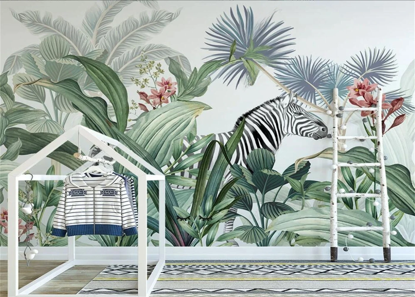 Custom size mural hand-painted rainforest jungle leaves animal background painter House decorated bedroom zebra 3d wallpaper