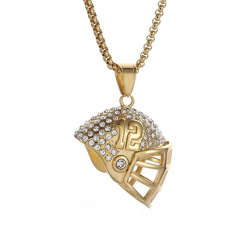 Hip Hop Bling Iced Out Edelstahl Rugby American Football Helm Anhänger Halskette für Männer Rapper Schmuck Gold Silber Farbe