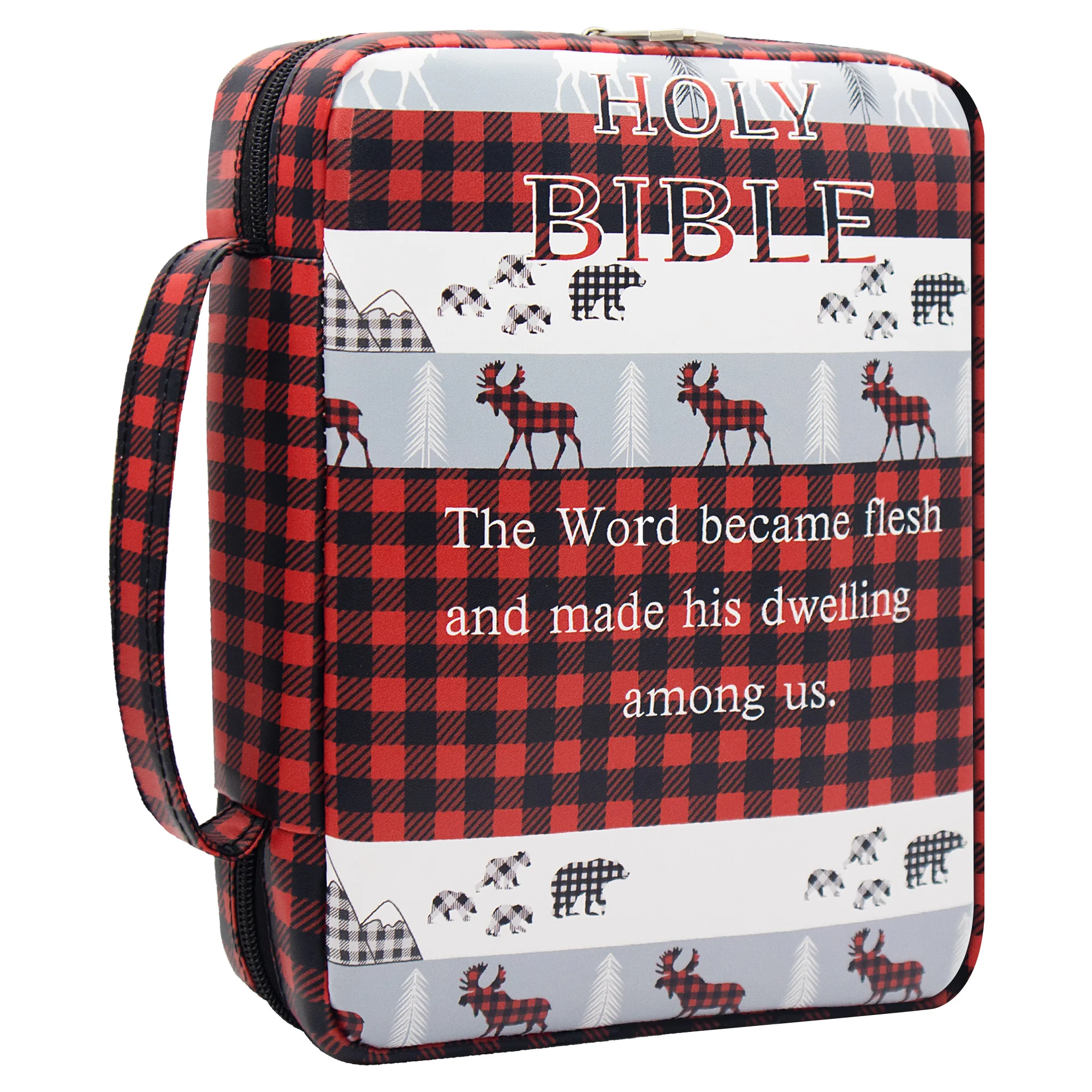 

Plaid Christmas Bible Cover with Reindeer and Scripture | Red Black Leather Holy Bible Case | Christian Holiday Gift
