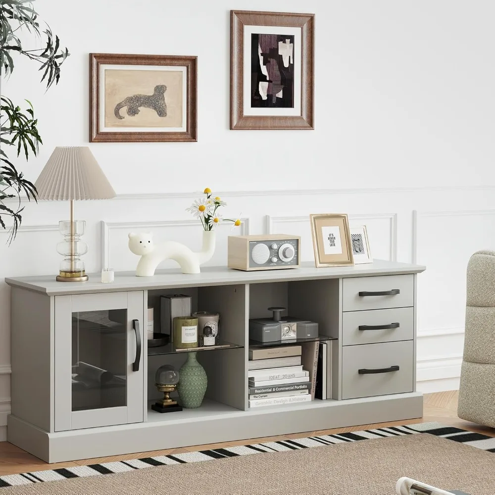 

Farmhouse TV Stand for 73 Inch TV, Wood TV Console Table w/Removable Glass Shelves, Cable Management Holes & Drawers