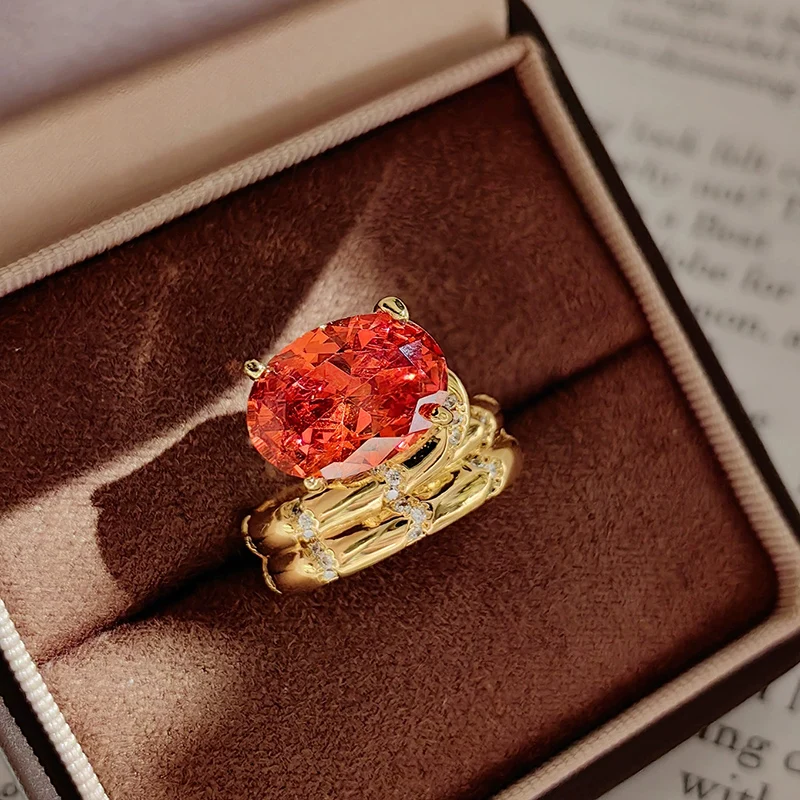 Vintage Double Layered Twisted Ring Fenda Orange Zircon Rings Temperament High end Pigeon Egg Finger Jewelry For Female KOFSAC