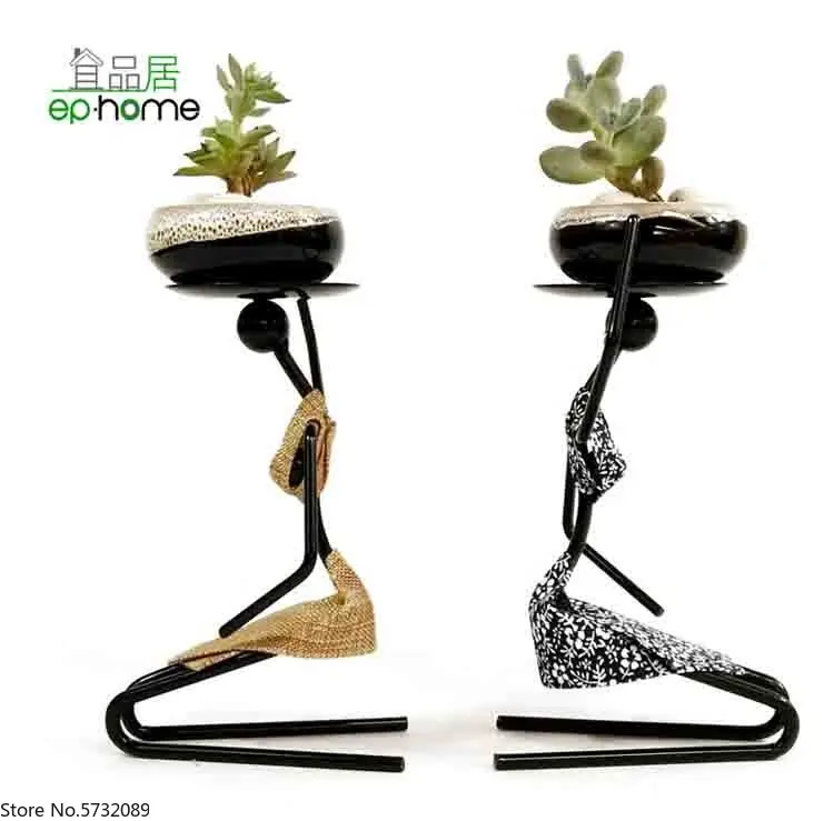 Wholesale Decorative Table Metal Iron Crafts Gift Funny Young Girl with Mini Flower Plant Clay Pot On Head for Succulent