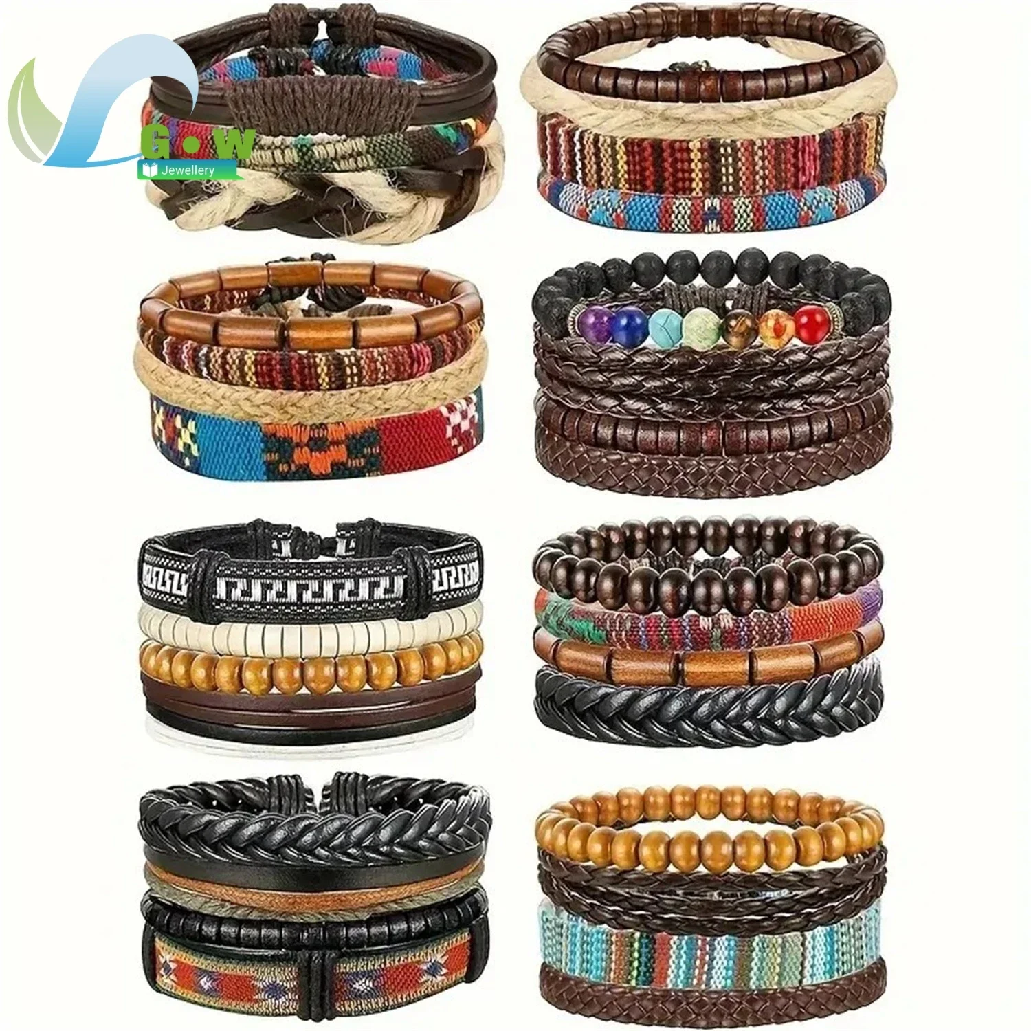 Hot Selling Retro Stacked 31 Piece Bracelet Set Braided Leather Bracelets Men Women Wooden Beads Punk Multilayered Multicolor