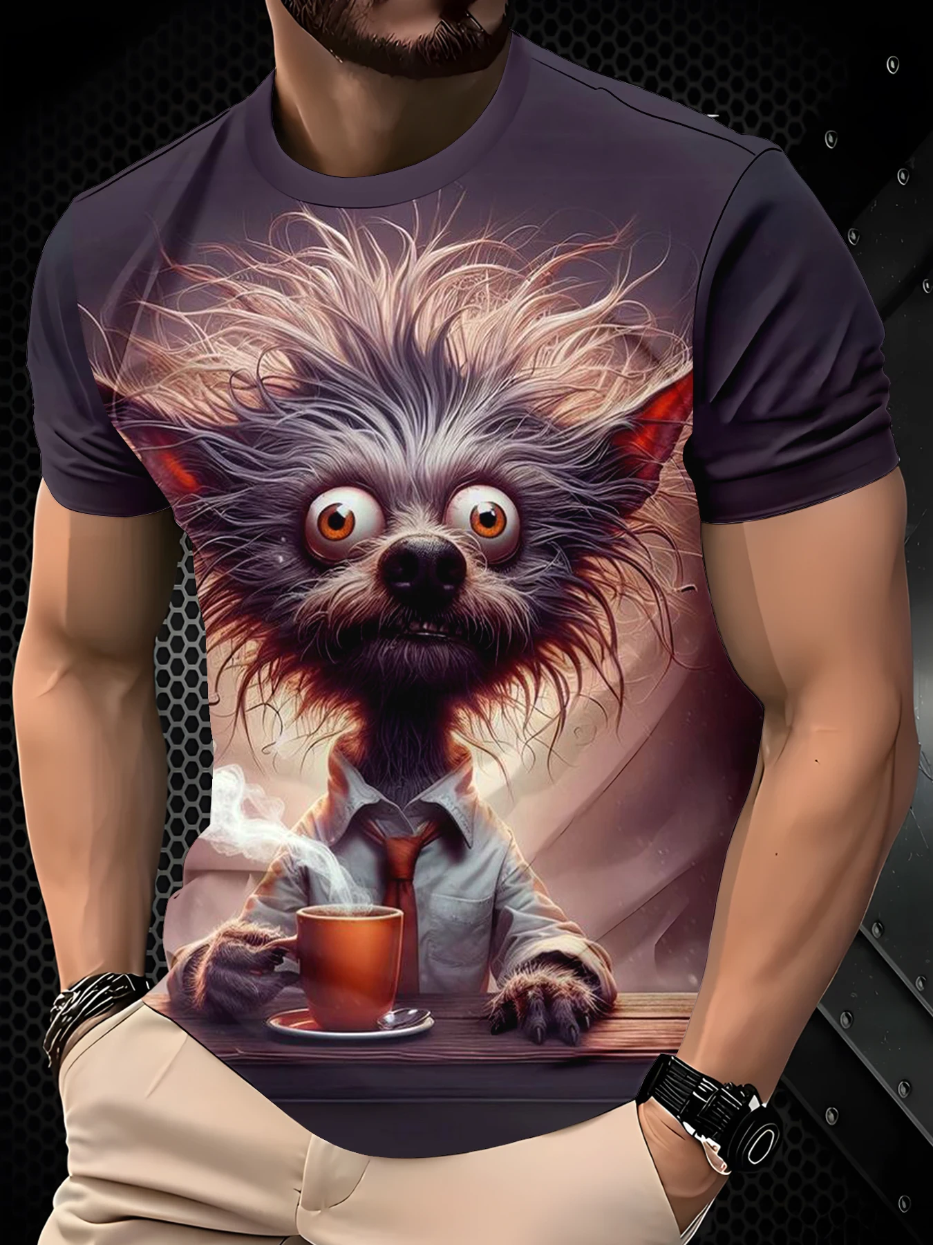 Crew Neck T-Shirt For Men, Retro Style Cartoon Creature Drinking Coffee Front Print