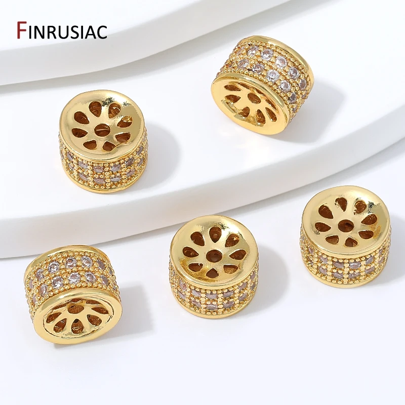 18K Gold Plated Brass Zircon Barrel Spacer Beads,Wide Cylinder Charm Separator Beads for DIY Pearl Bracelet Necklace Findings