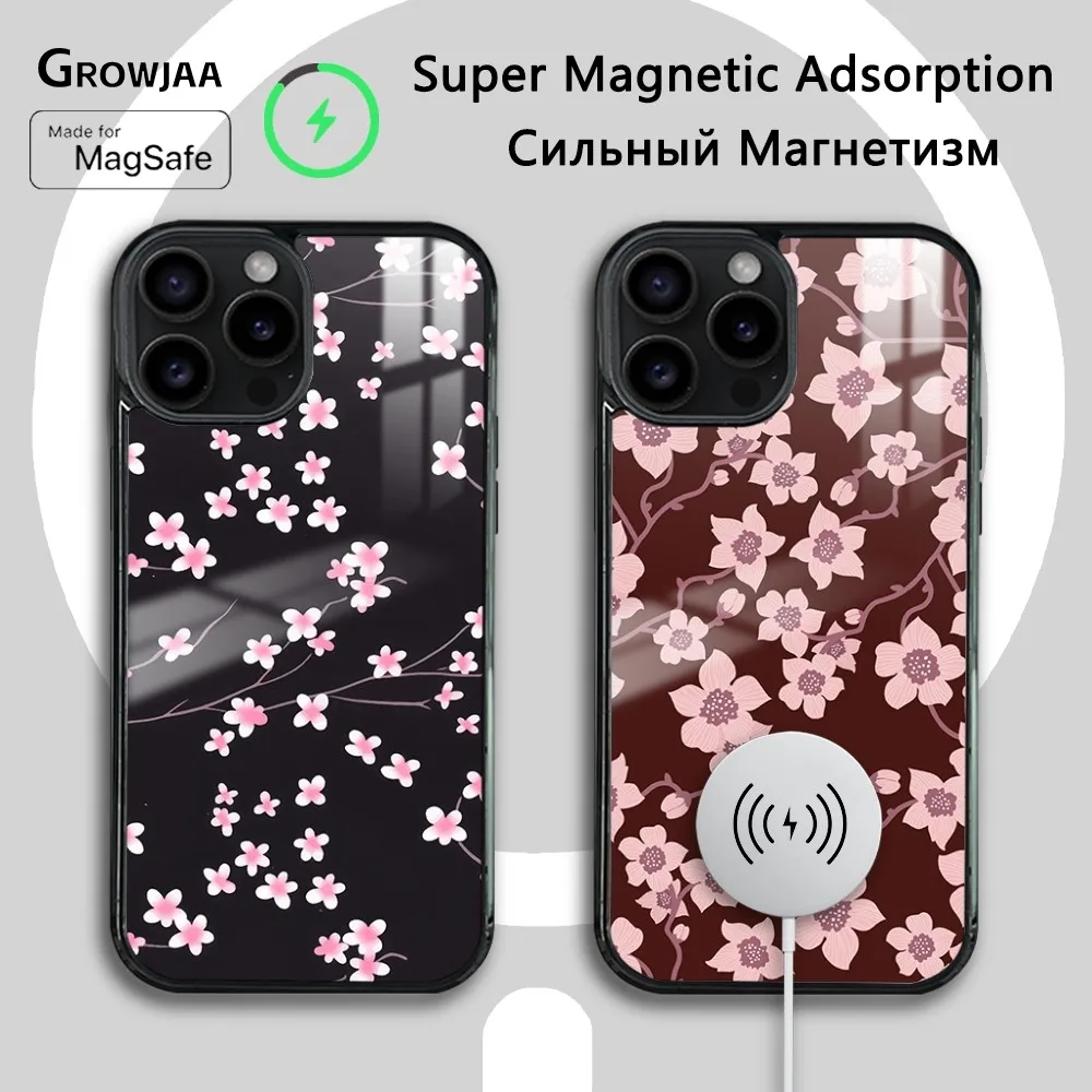 Sakura Japan Cherry Branch Phone Case For iPhone 16 15 14 13 12 11 Pro Max Plus Mini Magsafe Mirror Wireless Magnetic Cover