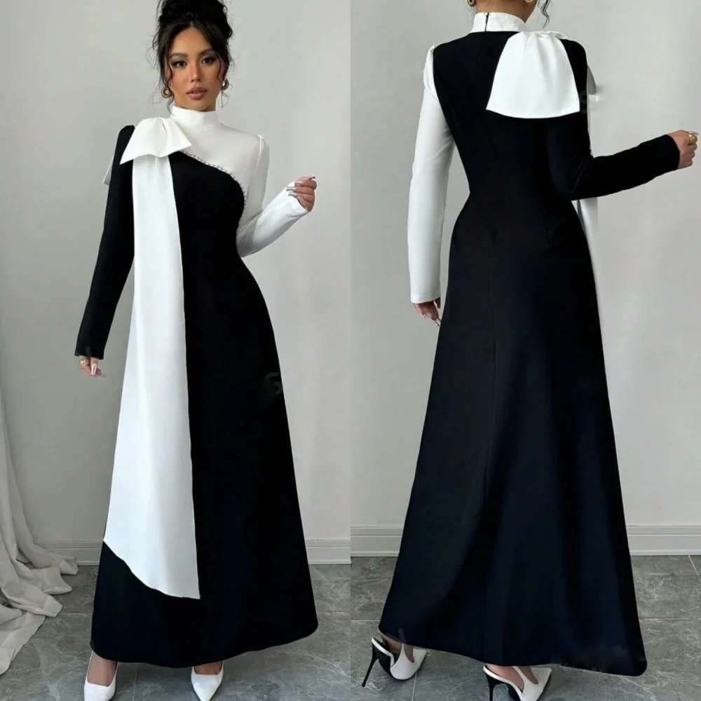 

Customized Fashion Contrast Color Evening Dress Graceful pure Bow Ribbons Party Dress Delicate High Collar A-Line Pro