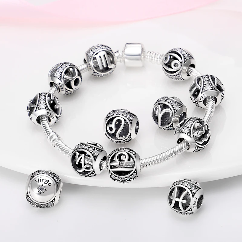 Lucky 925 Silver Birthday Zodiac Series Colorful Shining Zircon Lucky Charms Beads 3mm DIY Fine Jewelry Making﻿