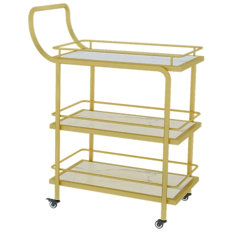 Rolling Bar Cart with Wheels Serving Trolley Wheeled Trolley Moving Metal and Glass Round 2-tier Gold Stainless Steel Modern