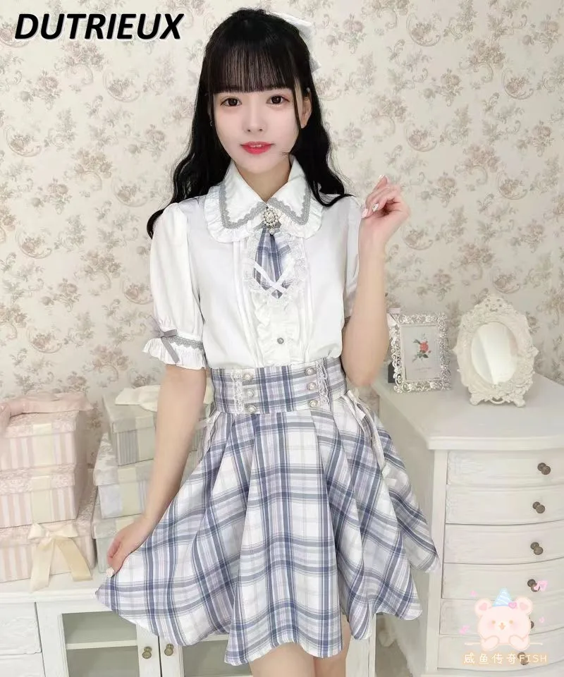 

Japanese Style Tie Bow Love Student JK Uniform Tops Plaid Short Sleeve White Shirt and High Waist A-line Skirt Outfits