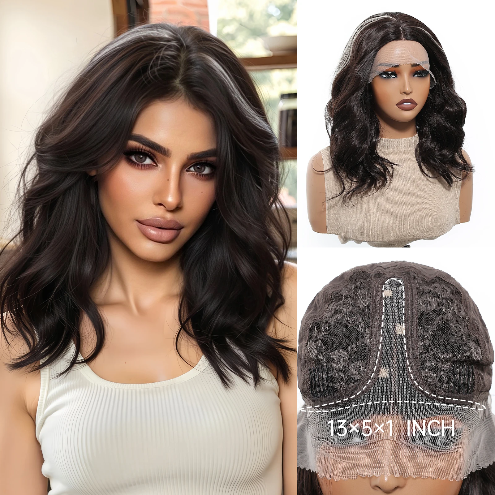 

Short Black Grey Highlight Lace Front Wig for Women Daily Natural Straight Synthetic Wigs High Density Daily Wig Heat Resistant
