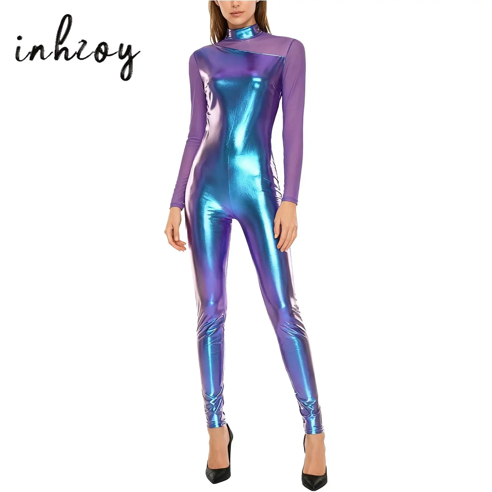 

Womens Metallic Shiny Dance Jumpsuit Sheer Mesh Patchwork Long Sleeve Leggings Full-body Rompers Catsuit Raves Party Clubwear
