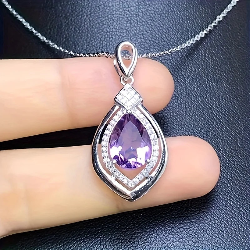 

SGARIT 925 Silvery Gemstone Jewelry Pear Cut 8X11mm Purple Amethyst Natural Crystal Pendant Necklace