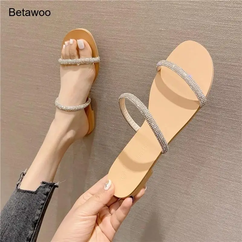 Women's Rhinestone Two-Strap Flat Sandals, Open Toe Slip-On Slides, Ideal for Beach, Casual Outings & Daily Wear