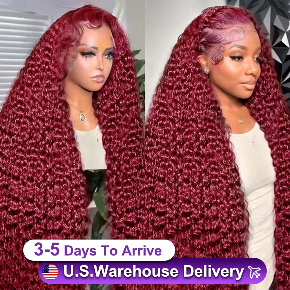 Peluca de cabello humano con ondas profundas para mujer, postizo de encaje Frontal, 190% color rojo, Borgoña 99J, 13x6, HD, 13x4, 13x5