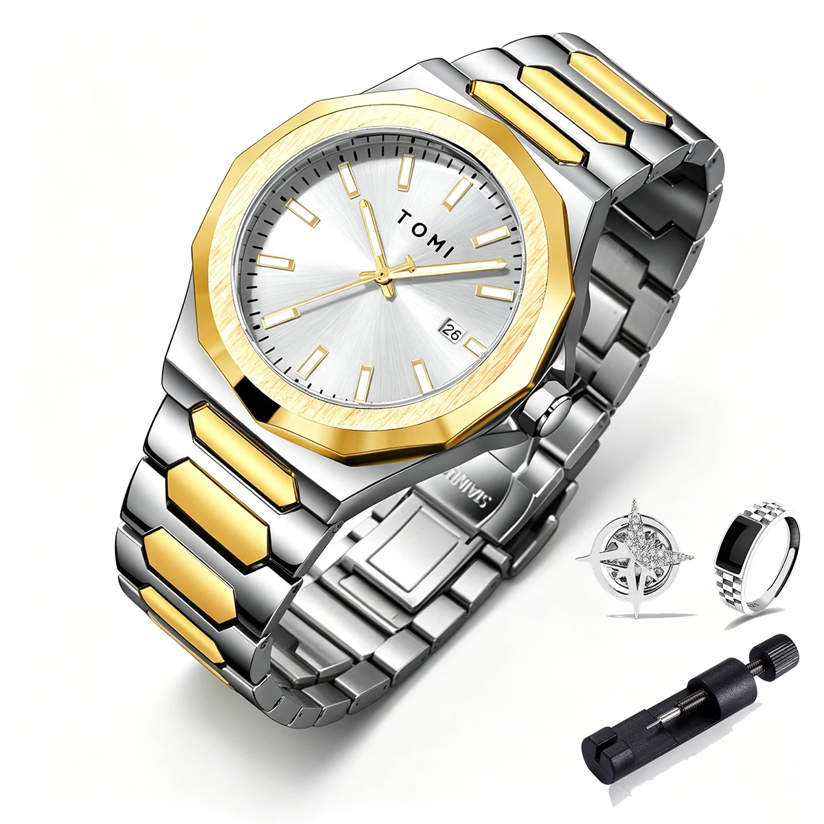 TOMI Men Luxury Watch Gold Silver Two Tone Stainless Steel Quartz Watch Business Date Wristwatch Reloj Hombre Montre Homme