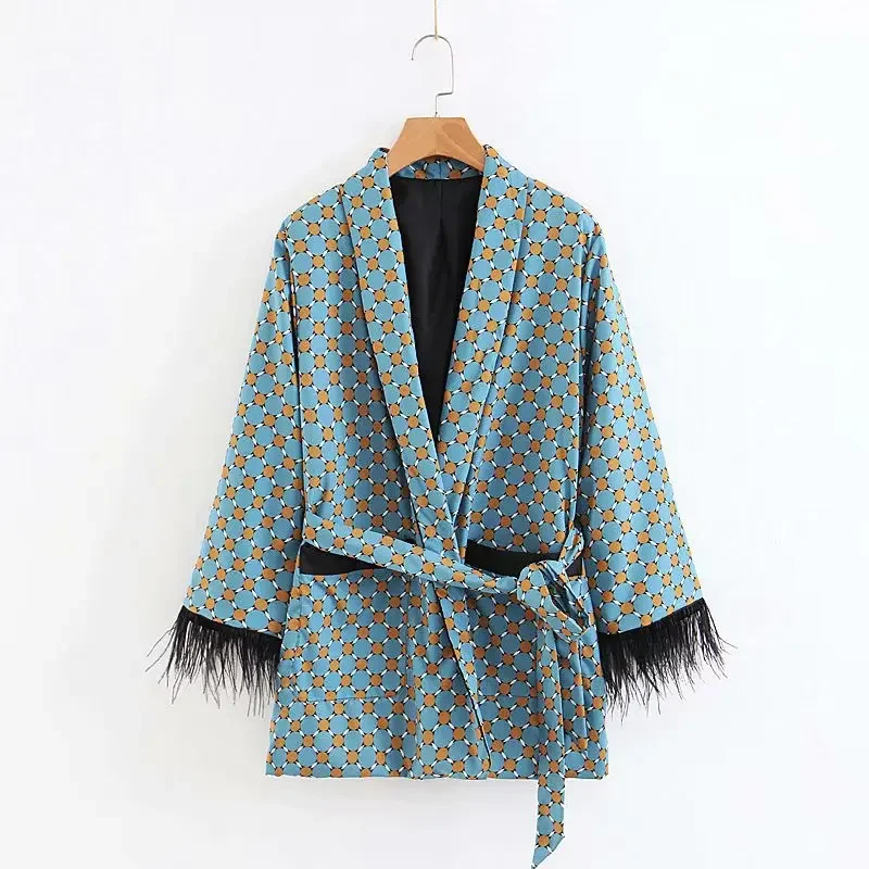 Women\'s Suits Sunc Spring LOOSE Blue Printed Kimono Jacket with Feather Sleeves Wide Leg Pants Two-piece Viintage Clothing Suits