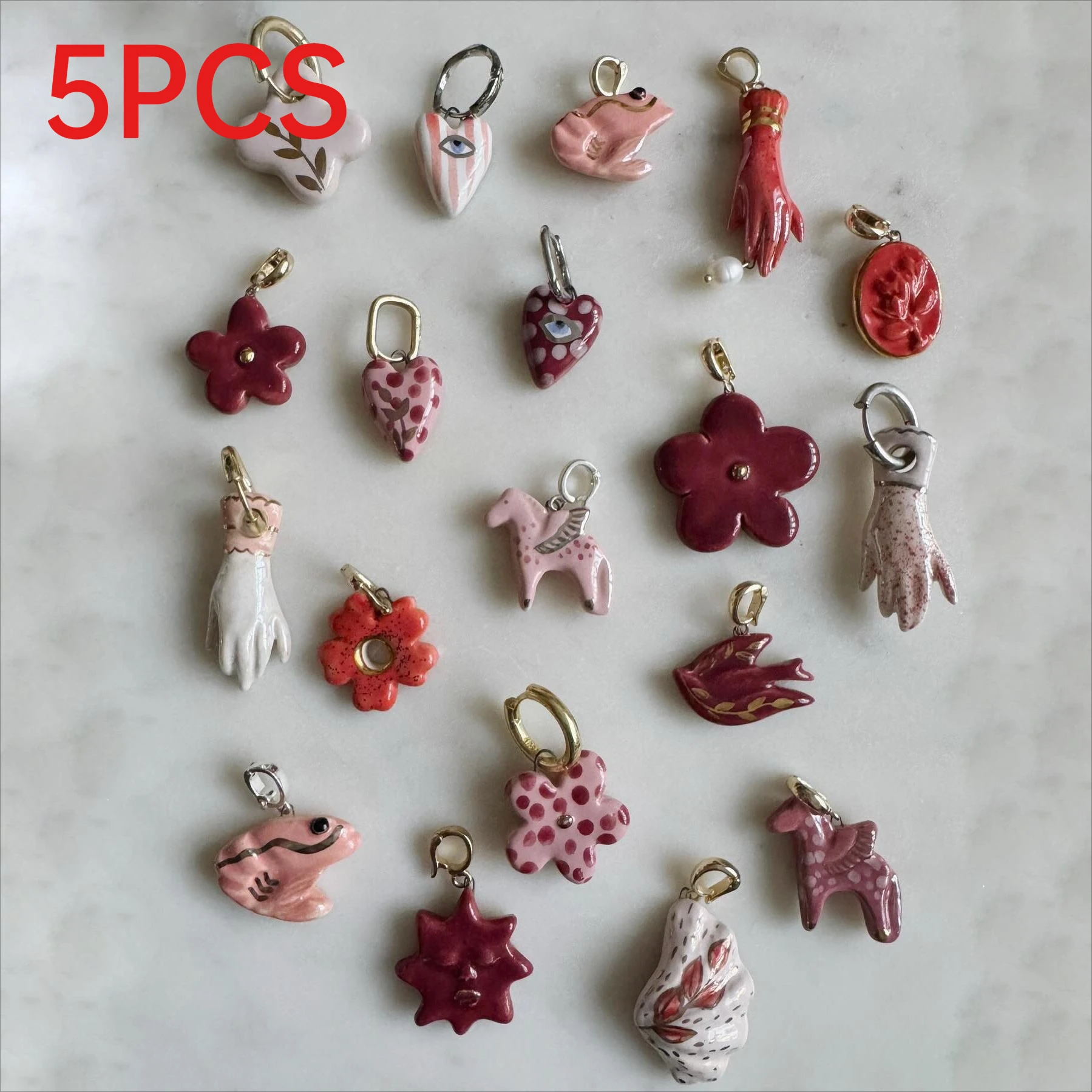 

5Pcs Dopamine Colorful Heart Frog Flower Swallow Cross Hand Charms DIY Jewelry Making Accessories