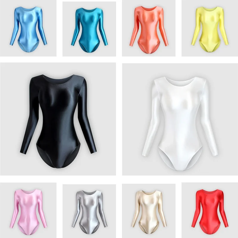 Body da Donna Lucido a Maniche Lunghe, Tinta Unita, Costume da Bagno, Abbigliamento Sportivo per Yoga, Leotard Intero Sexy