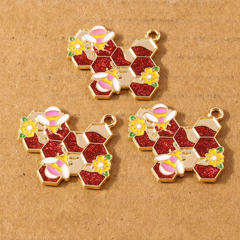 10pcs Cute Enamel Honeycomb Bee Charms Pendant for Making Neckalce Earrings DIY Jewelry Accessories Supplies