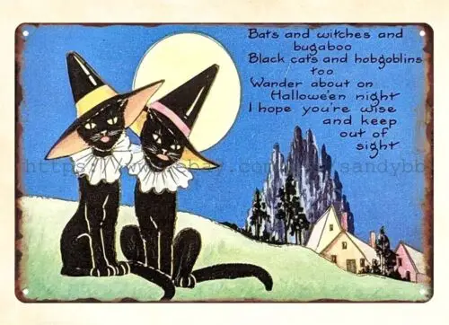 1920s Moon House Halloween Whitney Black Cat Witch Hat metal tin sign wall art sign