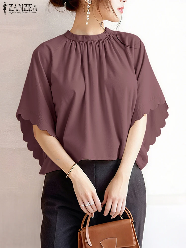 

Women Shirts ZANZEA Elegant Office Lady Blouse Half Bat Sleeve Tops 2025 Fashion Casual Solid Summer Stand Collar Ruffled Blusas