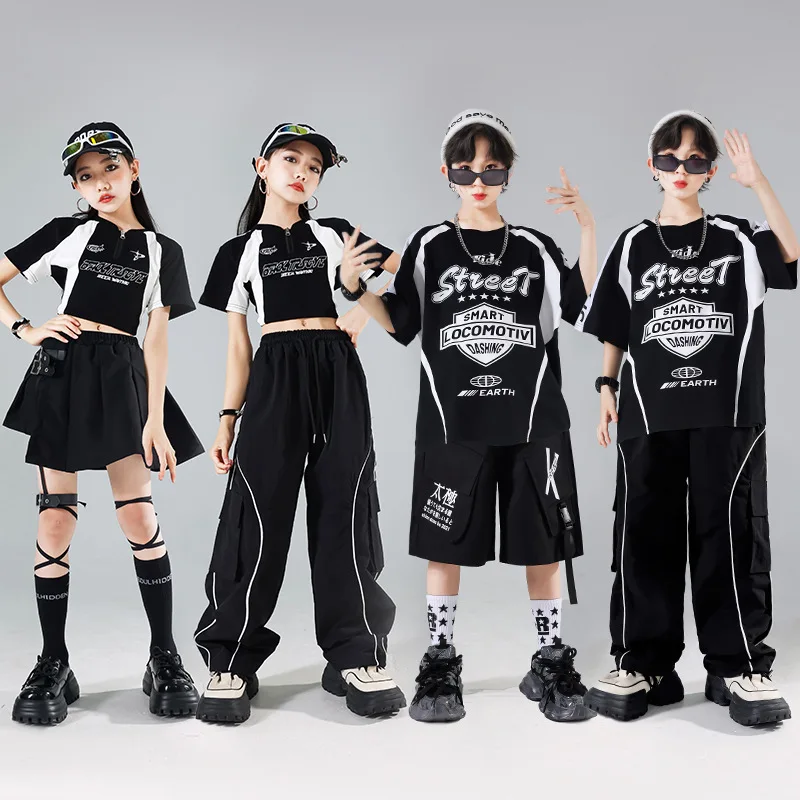 Girls K-pop Loose T-shirt Street Dance black cargoPants Boys Streetwear Ripped Jeans Kids Sweet Costumes Child Jazz Clothes Sets