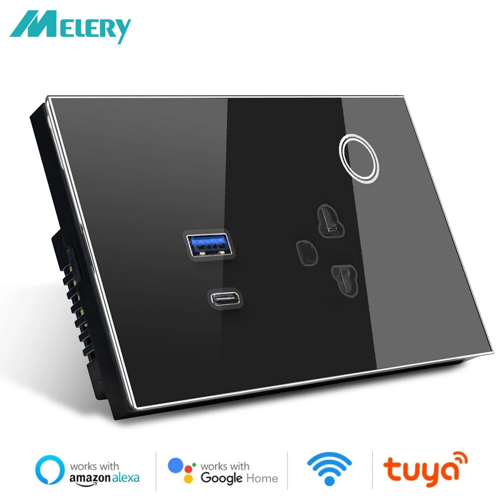 Melery WIFI Smart Tuya US Thailand Socket 15A Touch Glass Panel Outlet USB Type-C PD 30W Remote Control by APP Alexa Google Home