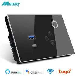 Melery-Smart Tuya USタイプラグ,タッチガラスパネル,USB Type-C, PD 30W,アプリケーションによるリモートコントロール,Alexa, Google Home,15a