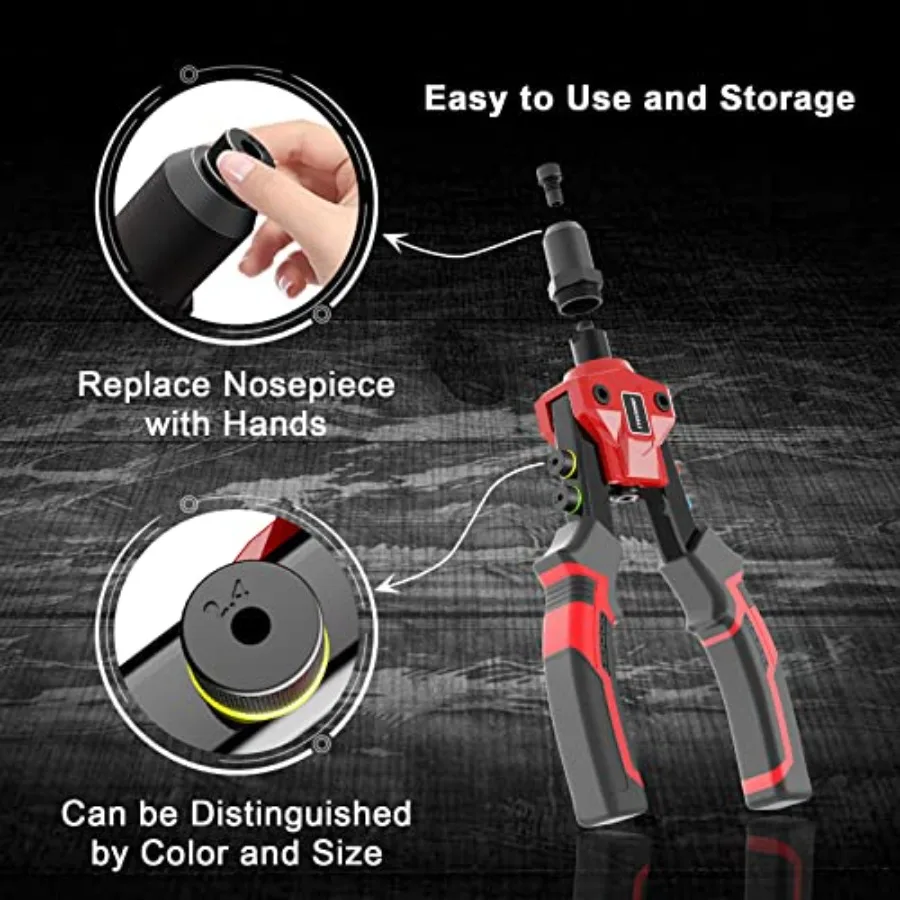 Robustes manuelles Zweihand-Nietpistolen-Set mit 400 Pop-Nieten und 5 Nasenstücken für Anwendungen aus Metall, Leder und Kunststoff. Inklusive